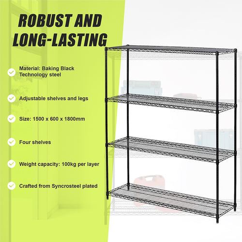 Modular Wire Storage Shelf 1500 x 600 x 1800mm Steel Shelving - Baking Black Technology