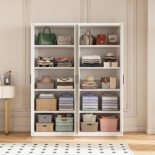 160x200cm 4-Door White Steel Shelf Wardrobe with Black Handle Storage Cabinet