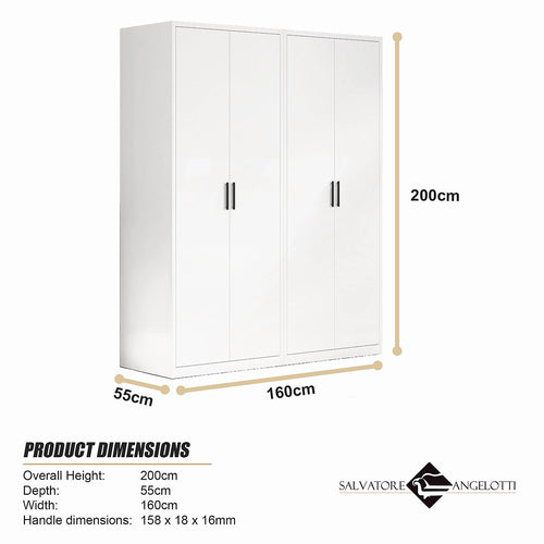 160x200cm 4-Door White Steel Hanging Wardrobe with Black Handle Storage Cabinet