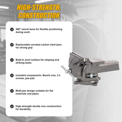 150mm Bench Vise with Anvil 360° Swivel Base Heavy Duty Ductile Iron