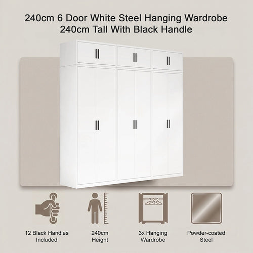 240x240cm 6-Door White Steel Hanging Wardrobe with Black Handle Storage Cabinet