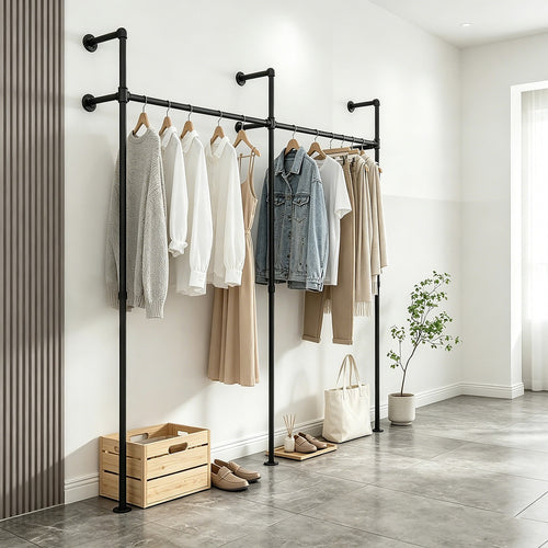 Industrial Pipe Clothes Rack Wall Mounted 201cm Heavy Duty Black