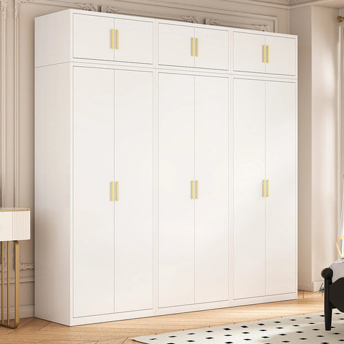 240x240cm 6-Door White Steel 1 Hanging and 2 Shelf Wardrobe with Gold Handle Storage Cabinet