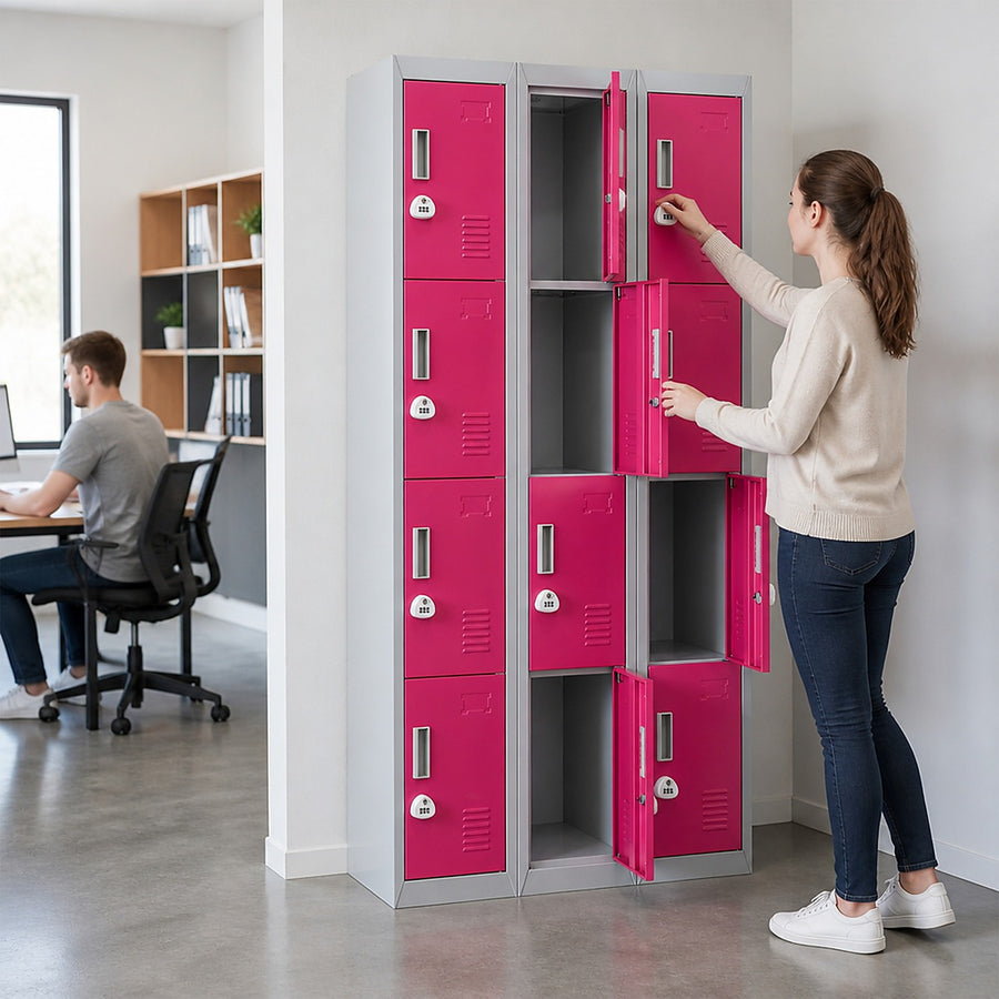 12-Door Steel Locker – Grey with Pink Door, 3-Digit Combination Lock