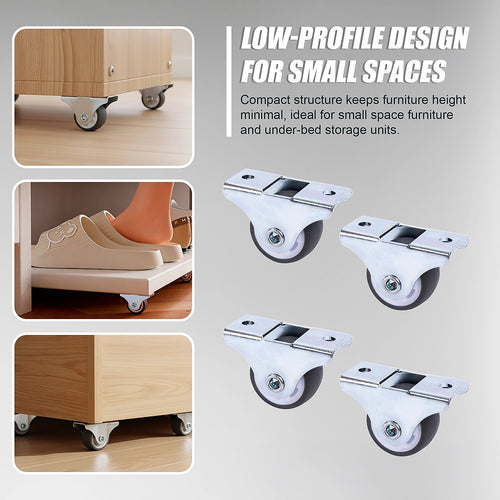 Mini Fixed Caster Wheels Rubber Low Profile Set of 4