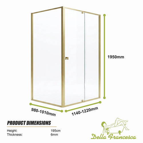 Adjustable Semi Frameless Shower Screen Front: (114~122)x195cm with Gold Hardware and Side: (98~101)x195cm