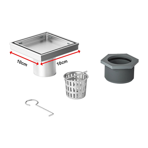 10 x 10cm Square Shower Drain with Tile Insert Grate – Chrome Stainless Steel