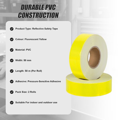 Hi Vis Reflective Tape 2 Pack 50mm x 50m Adhesive Yellow