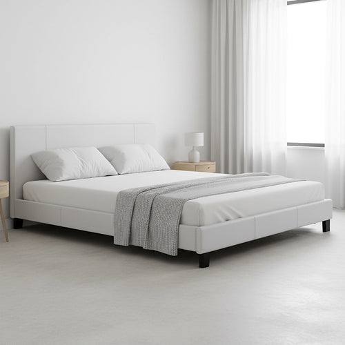 King Size Bed Frame with Headboard – White PU Leather