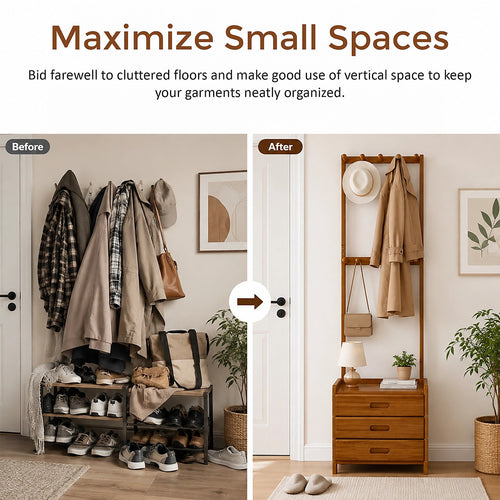 42x165cm Wooden Hall Stand with Drawer – Modern Minimalist Floor Coat Rack in Dark Wood