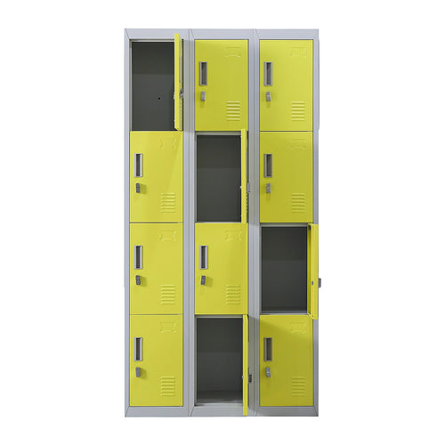 12-Door Steel Locker – Grey with Yellow Door, Padlock-operated