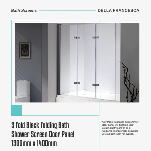 3 Fold Black Folding Bath Shower Screen Door Panel - 130 x 140cm