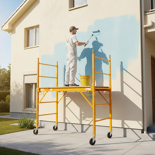 Mobile Scaffold Ladder - Yellow, Wheeled, 450kg Capacity