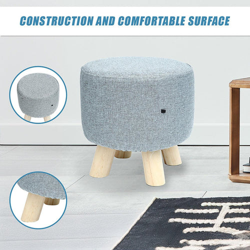 Grey Fabric Ottoman Foot Stool Rest Pouffe Wood Padded Seat Round