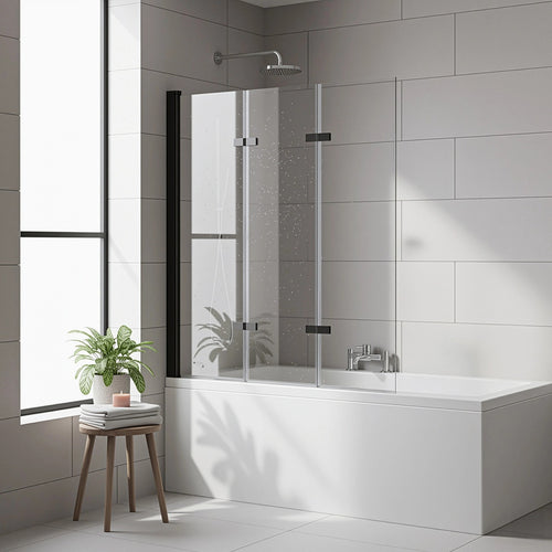 3 Fold Black Folding Bath Shower Screen Door Panel - 130 x 140cm