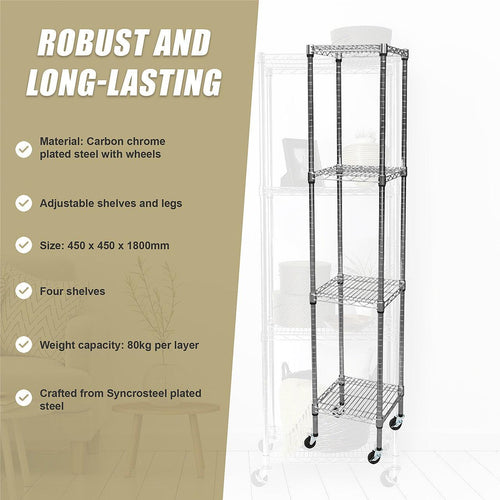 Modular Wire Storage Shelf 450 x 450 x 1800mm Steel Shelving - Carbon Chrome Plated with Wheels