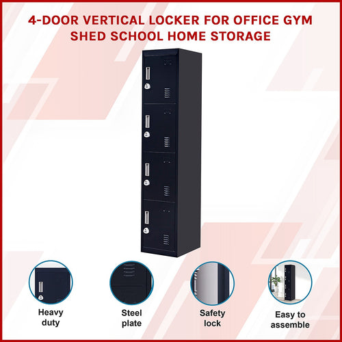 Black Locker with 4 Doors & 3-Digit Combination Lock – Storage for Gym, School, or Workplace
