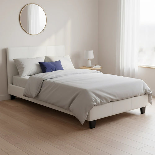 Single Size Bed Frame with Headboard – White PU Leather