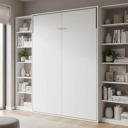 Queen Wall Bed in White – Space Saving Murphy Bed Kit with Silver Door Handle