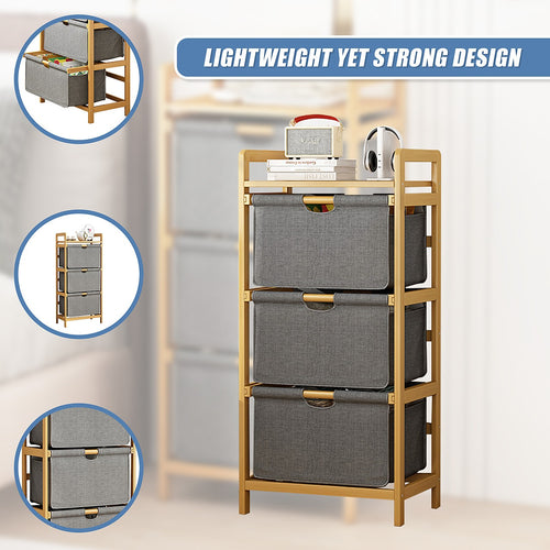 Bamboo Shelf with Storage Hamper – Wooden Organiser Rack with Three-Set Removable Laundry Bags