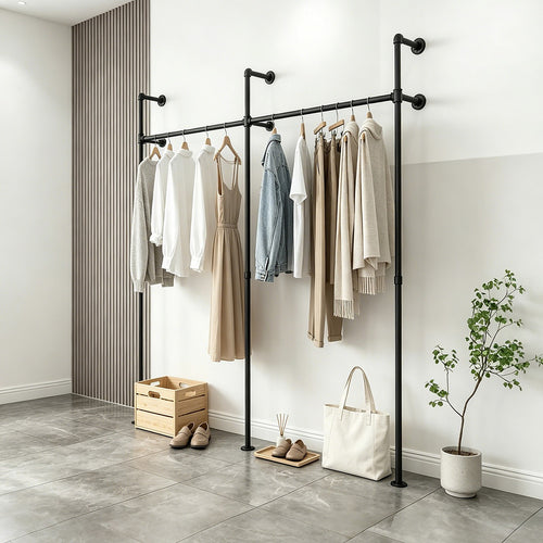 Industrial Pipe Clothes Rack Wall Mounted 201cm Heavy Duty Black