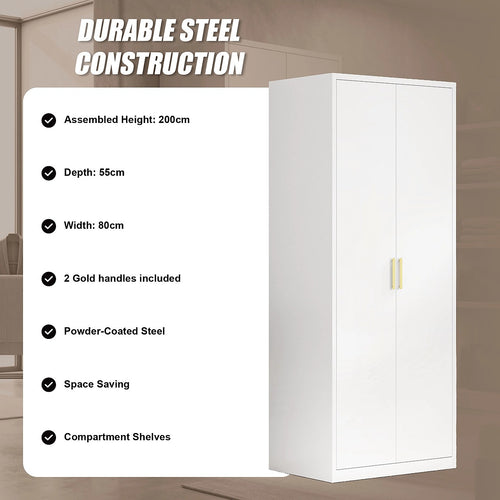 80x200cm 2-Door White Steel Shelf Wardrobe with Gold Handle Storage Cabinet