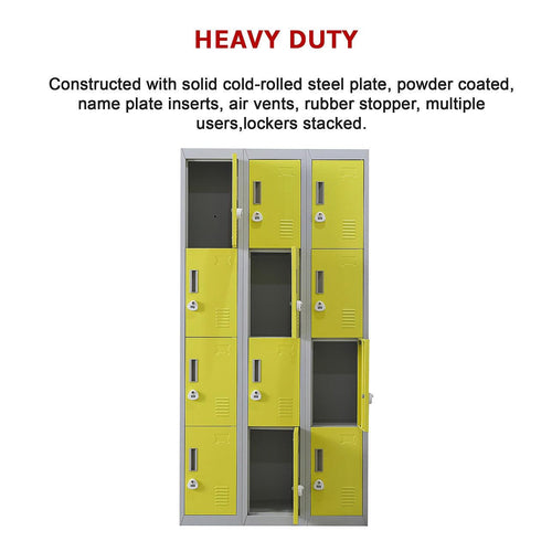 Grey with Yellow Door 12-Door Locker for Office Gym Shed School Home Storage - 3-Digit Combination Lock