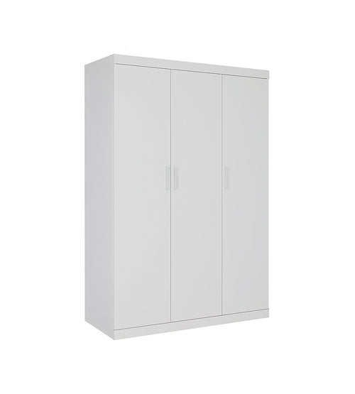 3 Door White Wardrobe – White Handles, Hanging Rail & Shelves