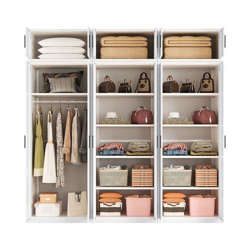 240x240cm 6-Door White Steel 1 Hanging and 2 Shelf Wardrobe with Black Handle Storage Cabinet