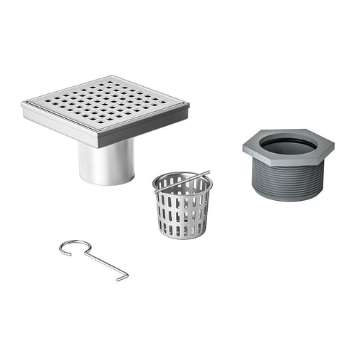 10 x 10cm Square Shower Drain with Grid Pattern Grate – Chrome Stainless Steel