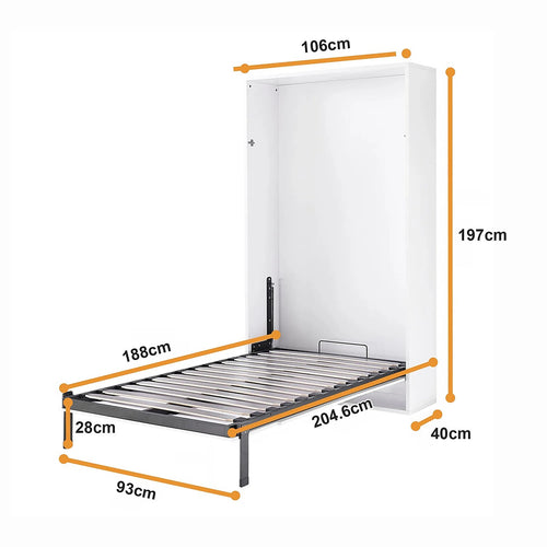 Single Wall Bed in White Gloss – Space Saving Murphy Bed Kit with Silver Door Handle