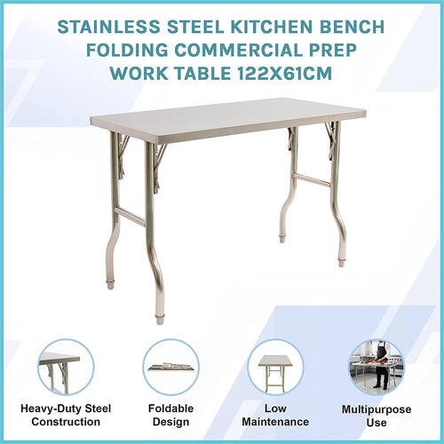 122x61cm Stainless Steel Folding Kitchen Bench – Commercial Prep Work Table