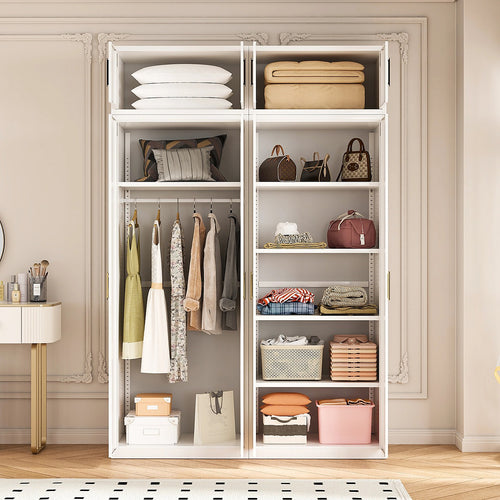 160x240cm 4-Door White Steel Hanging and Shelf Wardrobe with Gold Handle Storage Cabinet