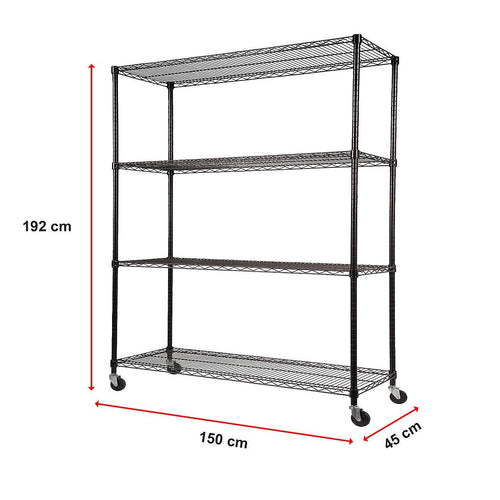 Modular Wire Storage Shelf 1500 x 450 x 1920mm Steel Shelving - Baking Black Technology with Wheels