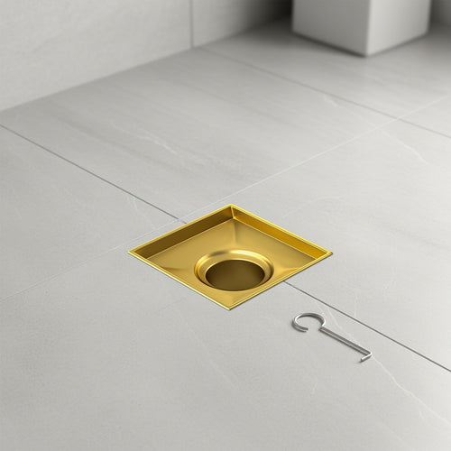10 x 10cm Square Shower Drain with Tile Insert Grate – Gold Stainless Steel