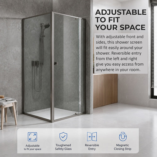 Semi-Frameless Shower Screen – Gunmetal, Front: (98~106)x195cm, Side: (98~101)x195cm