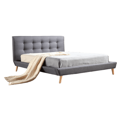Double Linen Fabric Bed with Button Tufted Headboard - Grey