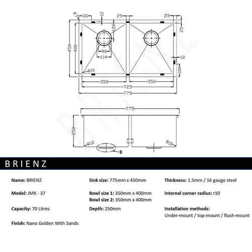 775x450mm Stainless Steel Handmade 1.5mm Sink with Waste in Gold with sand-finish Finish