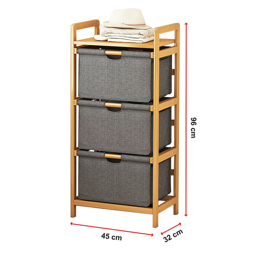 Bamboo Shelf with Storage Hamper – Wooden Organiser Rack with Three-Set Removable Laundry Bags