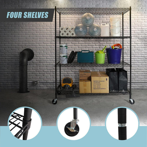 Modular Wire Storage Shelf 1500 x 350 x 1800mm Steel Shelving - Baking Black Technology with Wheels