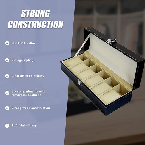 6 Slot Men’s Watch Display Case Box Black PU Leather