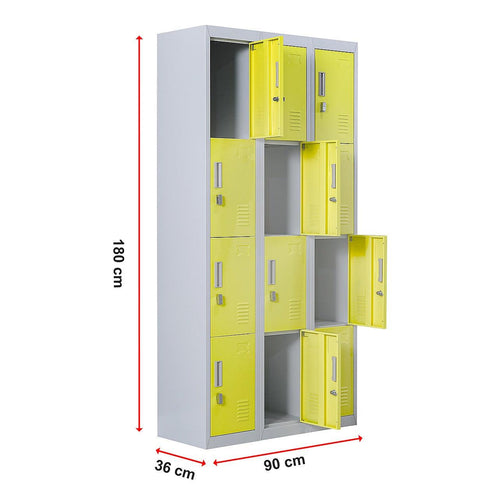 Grey with Yellow Door 12-Door Locker for Office Gym Shed School Home Storage - Padlock-operated