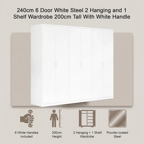 240x200cm 6-Door White Steel 2 Hanging and 1 Shelf Wardrobe with White Handle Storage Cabinet