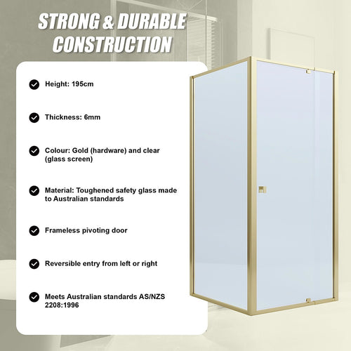 Adjustable Semi Frameless Shower Screen Front: (114~122)x195cm with Gold Hardware and Side: (77~80)x195cm