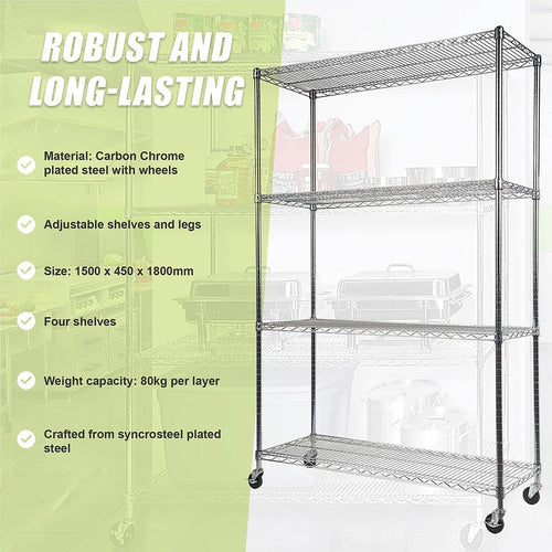 Modular Wire Storage Shelf 1500 x 450 x 1920mm Steel Shelving - Carbon Chrome Plated with Wheels