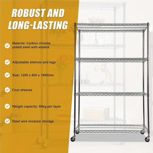 Modular Wire Storage Shelf 1200 x 600 x 1800mm Steel Shelving - Carbon Chrome Plated with Wheels