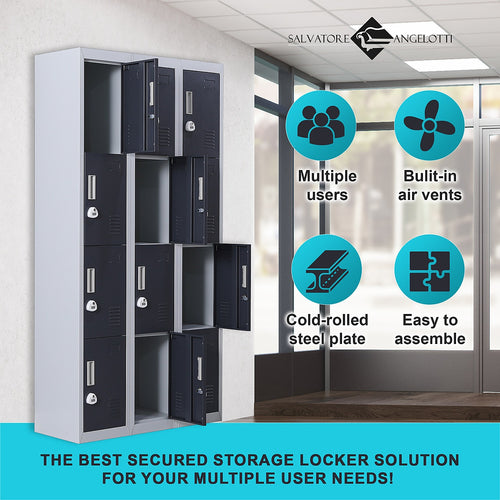 12-Door Locker – Grey with Charcoal Door with 3-Digit Combination Lock | Secure Storage for Office, Gym or School Use