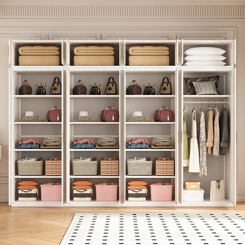 320x240cm 8-Door White Steel 1 Hanging and 3 Shelf Wardrobe with Gold Handle Storage Cabinet