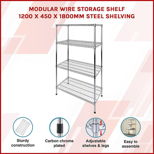 Modular Wire Storage Shelf 1200 x 450 x 1800mm Steel Shelving - Carbon Chrome Plated