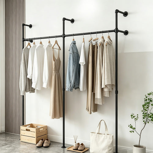 Industrial Pipe Clothes Rack Wall Mounted 201cm Heavy Duty Black